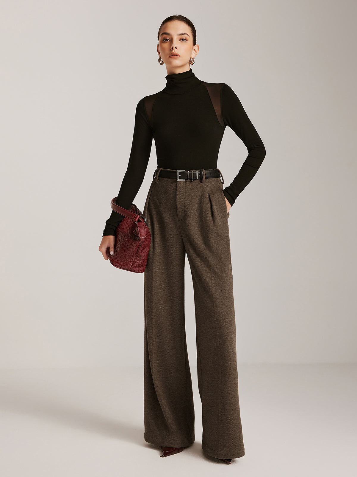 Wool-Blend Chevron Wide-Leg Pants
