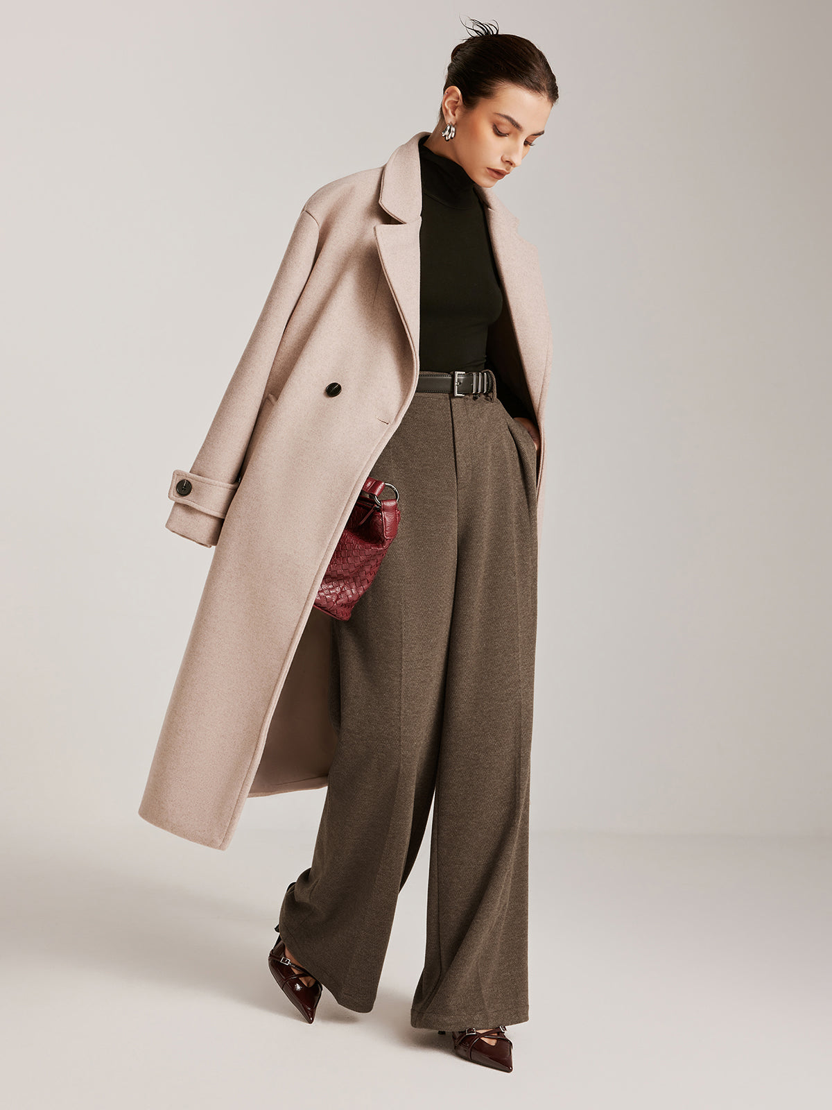 Wool-Blend Chevron Wide-Leg Pants