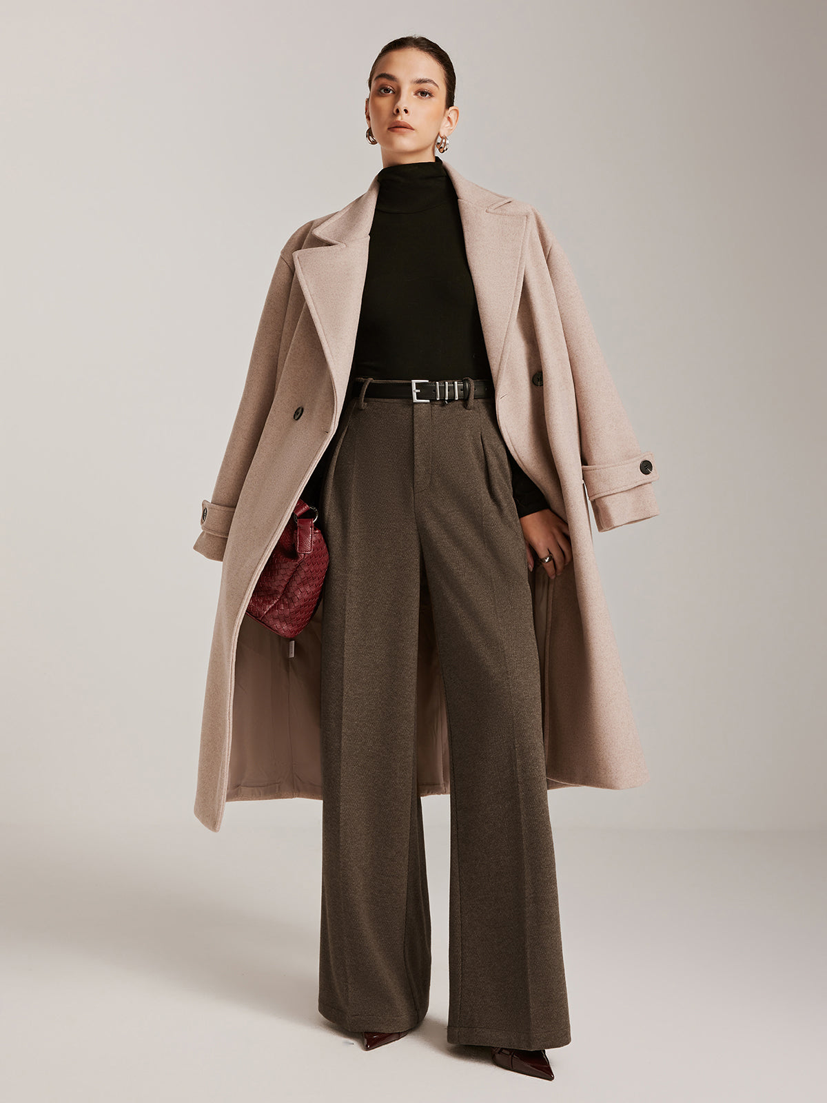 Wool-Blend Chevron Wide-Leg Pants